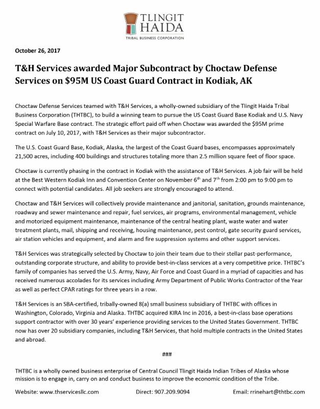 September October 2017 Tribal Update T H Services Llc Was Awarded A Major Subcontract By Choctaw Defense For 95 Million Prime Contract To Provide Facilities Maintenance On
