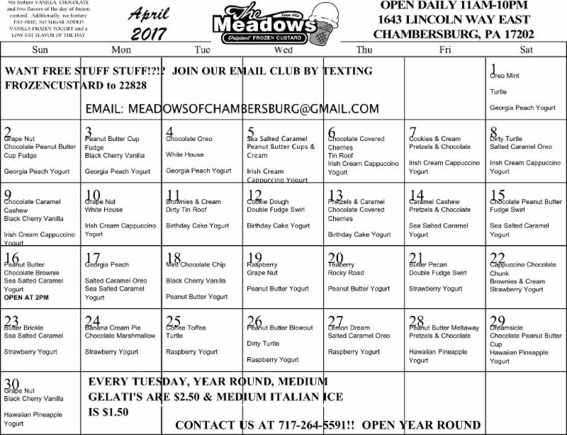 Meadows Frozen Custard of Chambersburg APRIL 2017 Flavor calendar