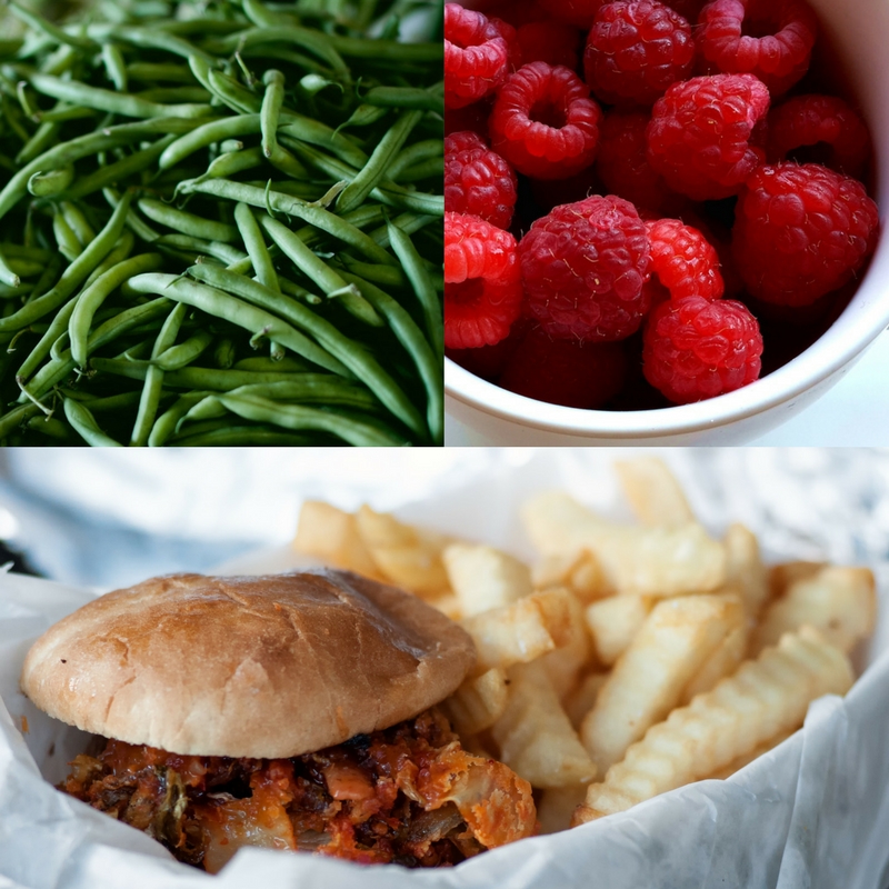 Green beans_ burger_ fries and raspberries