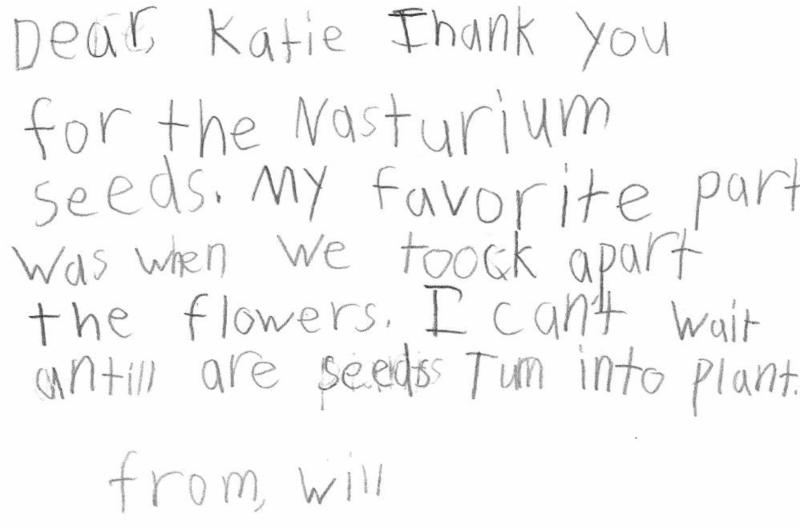 A Thank You Note from a 1st Grader in Hamilton who learned the life cycle of a plant