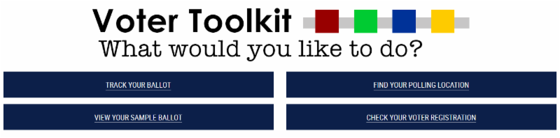 Says Voter Toolkit on the top half and underneath says What would you like to do Bottom half has 4 boxes. Box1 says Track Your Ballot Box 2 says Find Your Polling Location Box 3 says View Your Sample Ballot and Box 4 says Check Your Voter Registration