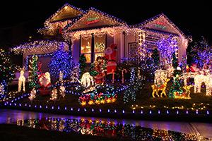 Holiday lights on a house.