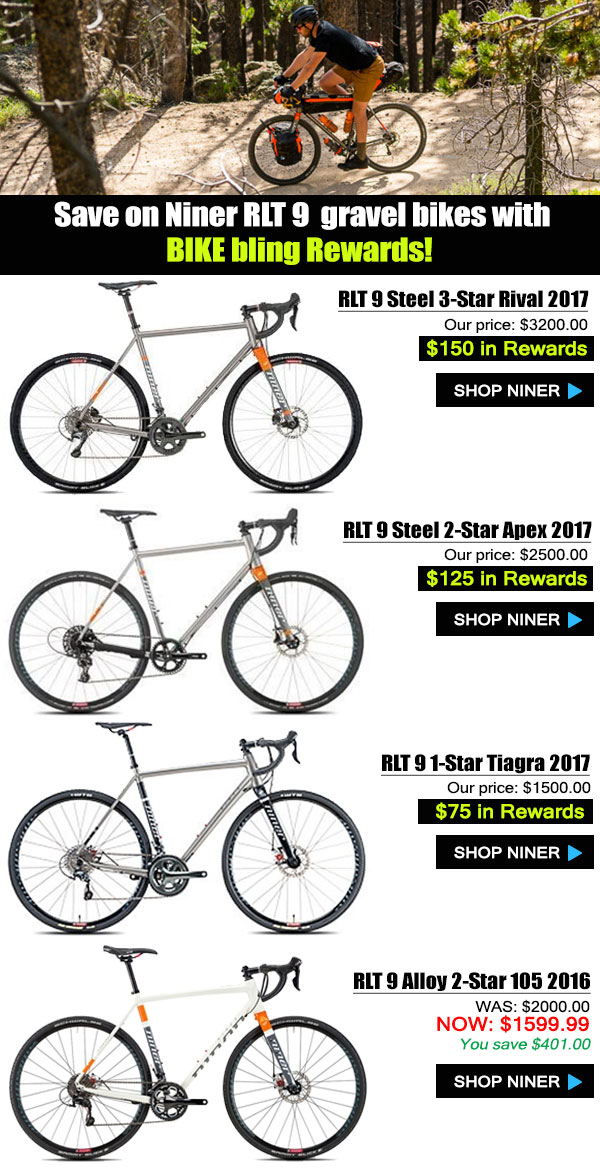 Save on Niner RLT 9 gravel bikes with  BIKE bling Rewards_