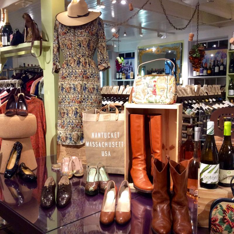 Grecian urn print dress, S, $168. Mexican Palm hat, $68. Nantucket, MA Market tote, $95.