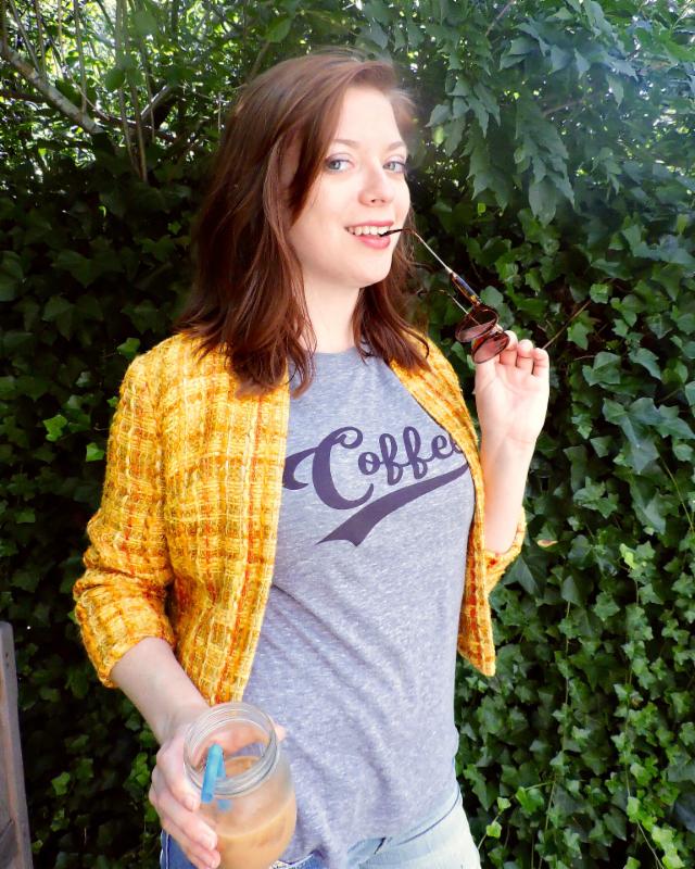 Chanel-esque Jacket, S, $74. Matching skirt (not pictured), XS, $58. Coffee tee, S-L, $45.
