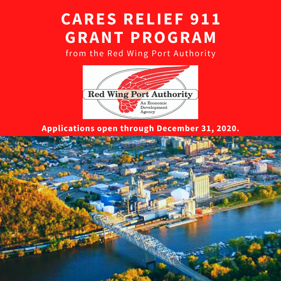 Aerial of Red Wing under CARES Relief program and Port Authority logo
