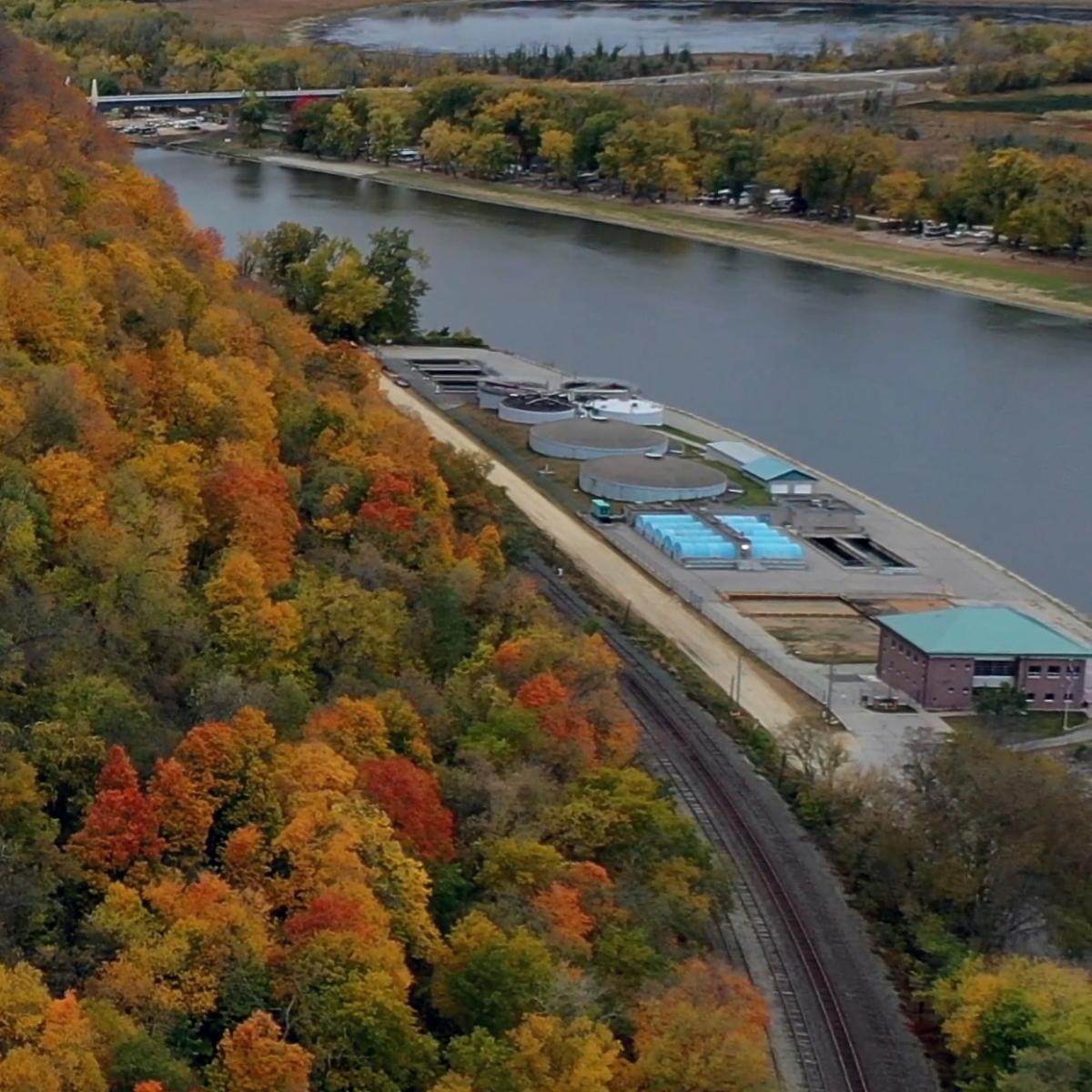 Aerial view of side of He Mni Can-Barn Bluff and Wastewater Treatment Plant