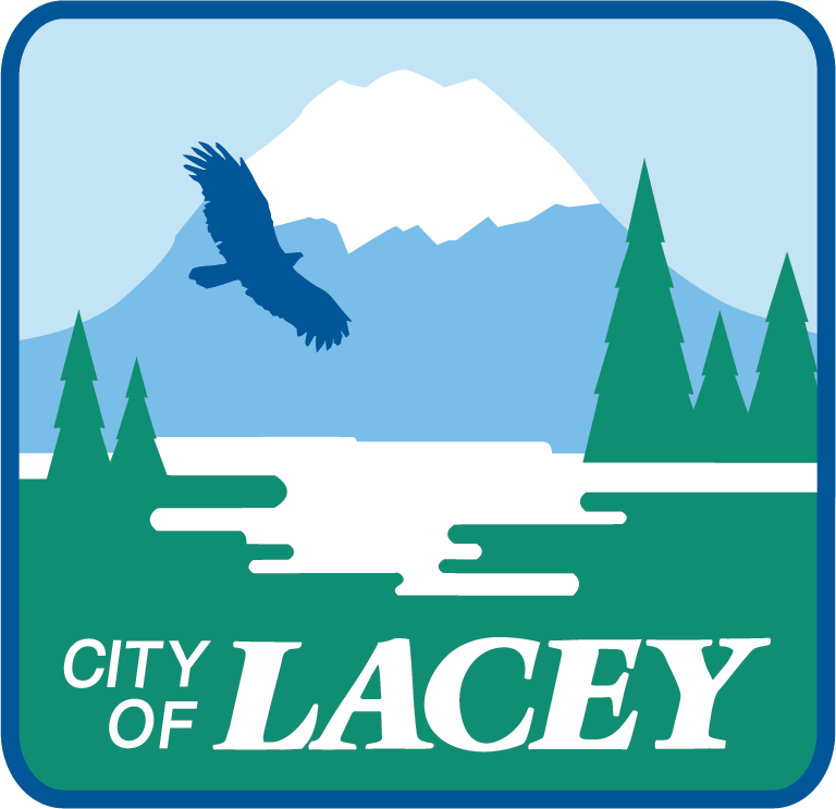 The logo for the City of Lacey featuring a mountain trees water and a hawk. 