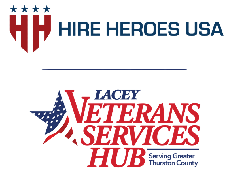 Photo of the Hire Heroes USA logo and the Lacey Veterans Services Hub logo.