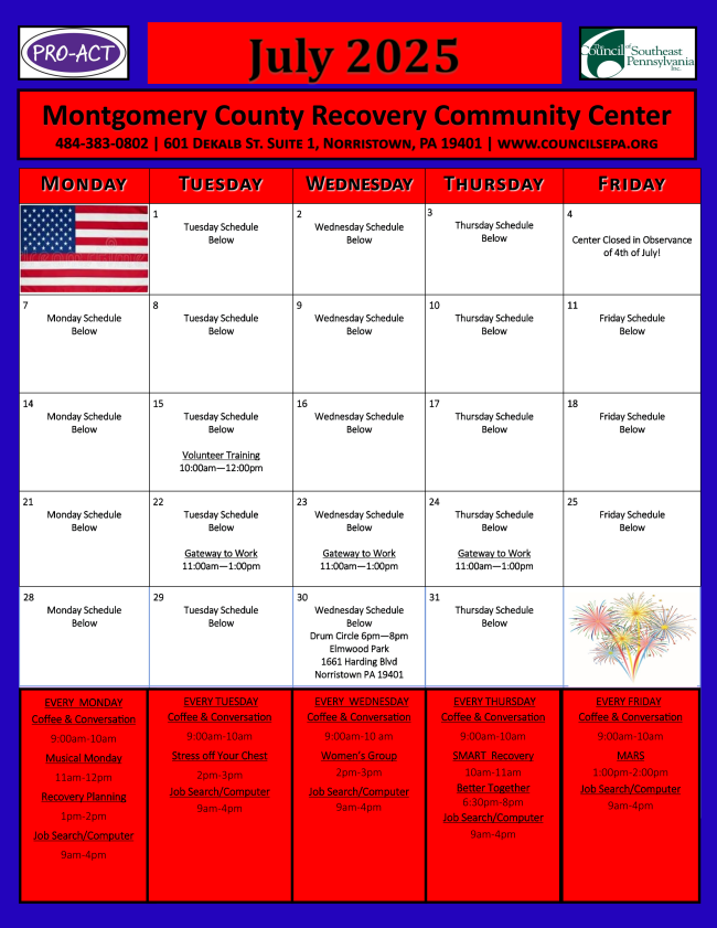 July Calendar Montgomery County Recovery Community Center 
