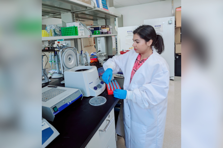Dr Chandika RG working in a lab