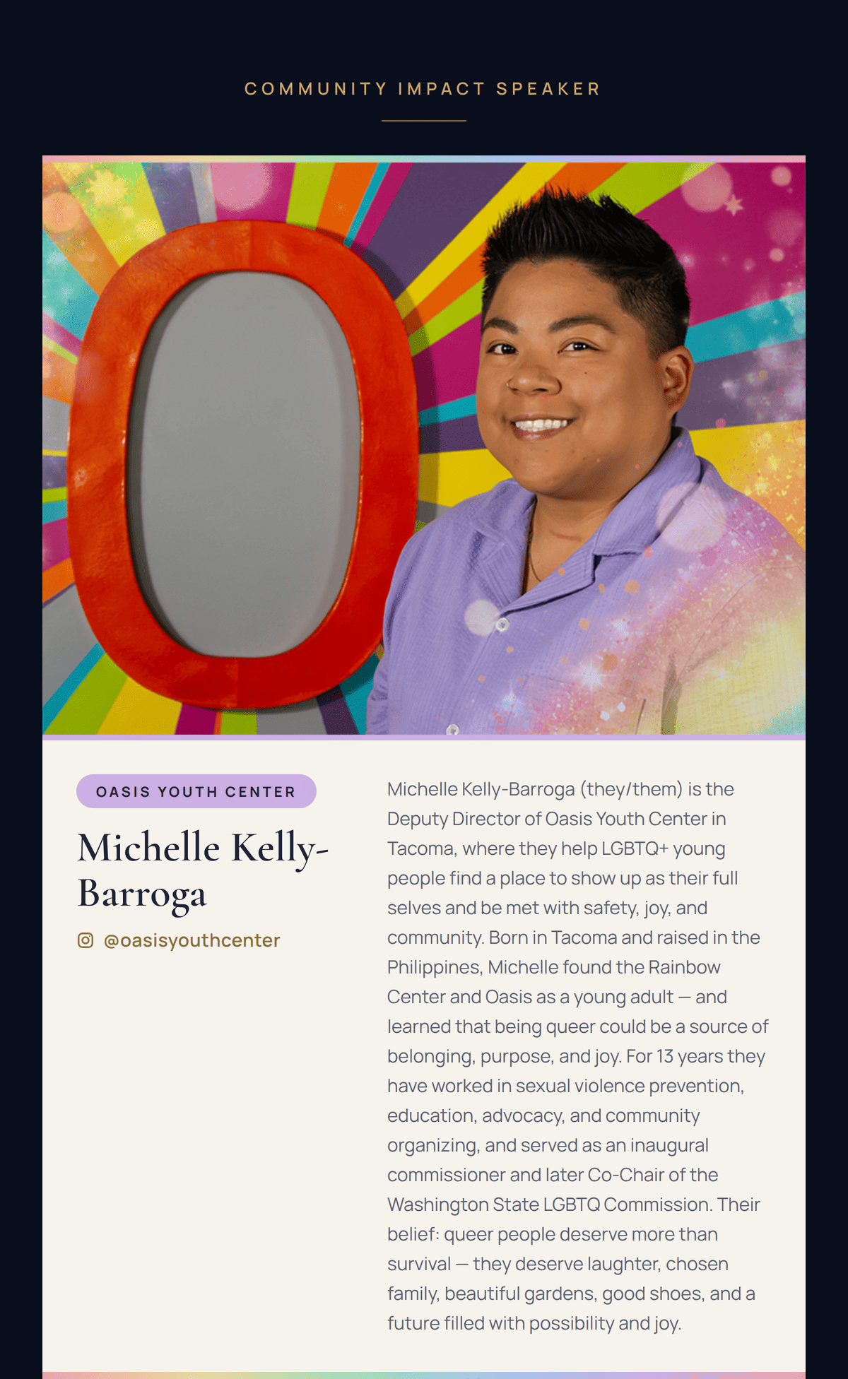 Community Impact Speaker Michelle Kelly-Barroga, Deputy Director of Oasis Youth Center in Tacoma (@oasisyouthcenter).
