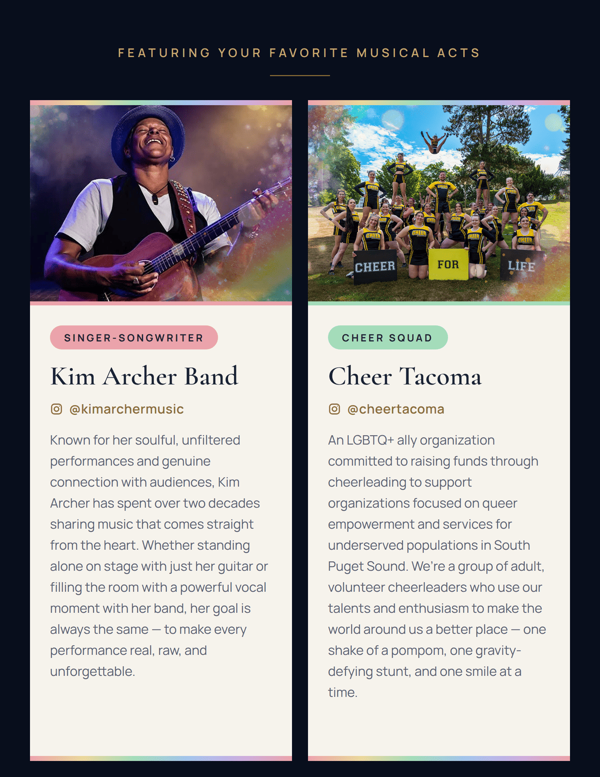 Featuring your favorite musical acts: Kim Archer Band (@kimarchermusic) and Cheer Tacoma (@cheertacoma).