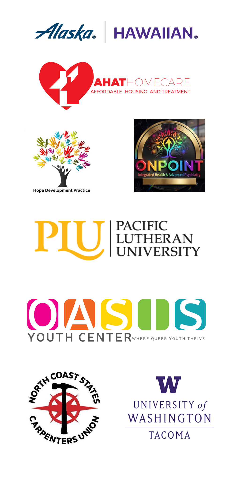 Gayla 2026 sponsors: OnPoint Integrated Health & Advanced Psychiatry, Alaska Airlines | Hawaiian Airlines, North Coast States Carpenters Union, and more