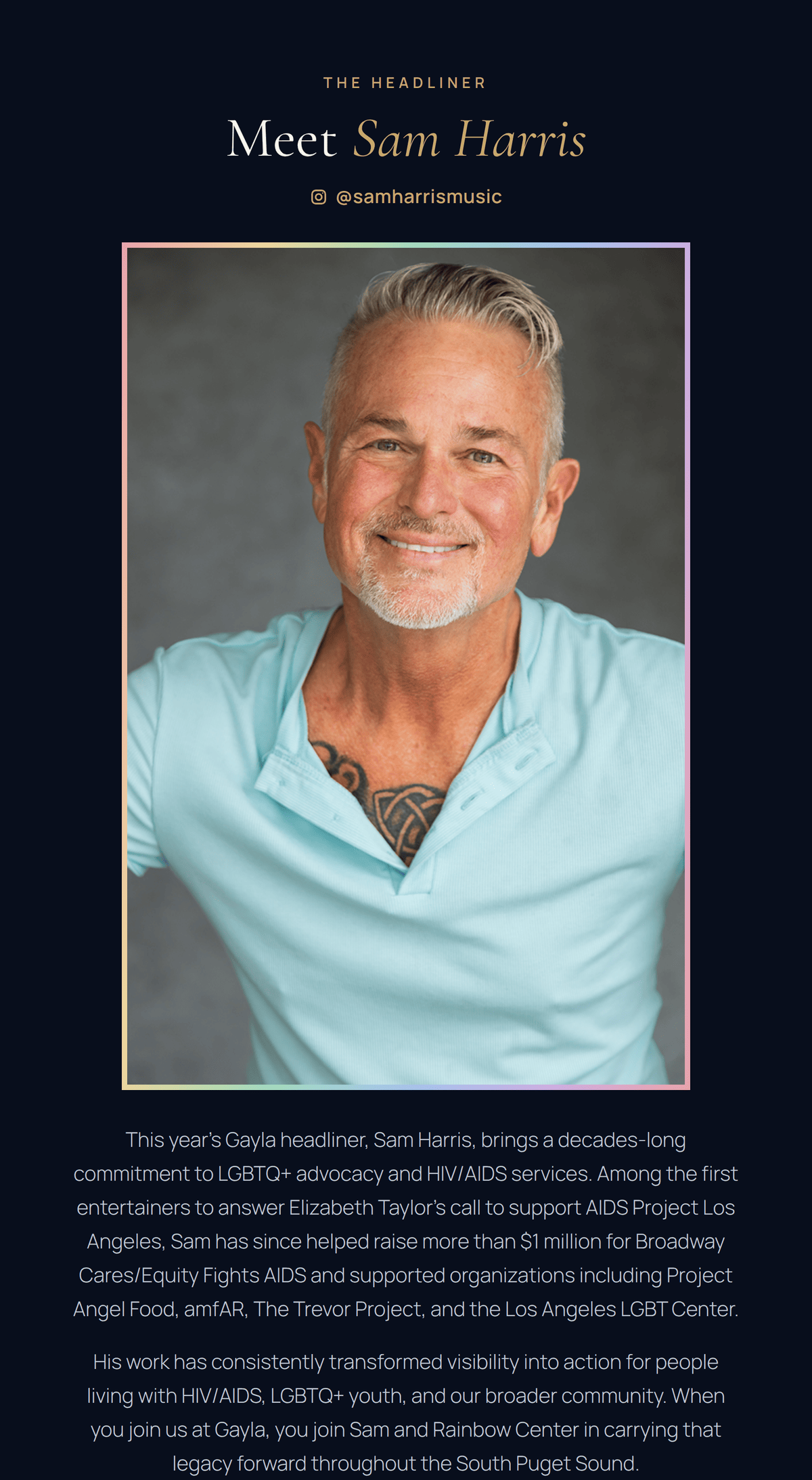 Meet Sam Harris (@samharrismusic): a decades-long advocate for LGBTQ+ communities and HIV/AIDS services.
