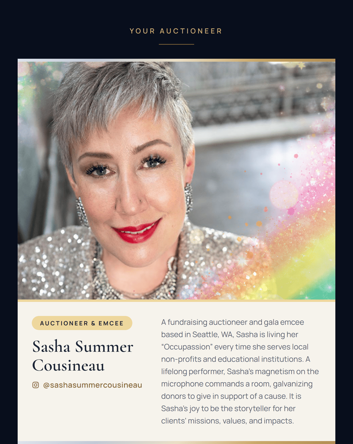 Your auctioneer: Sasha Summer Cousineau (@sashasummercousineau).