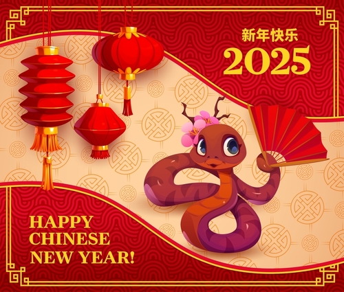 Chinese lunar new year holiday banner and snake with fan and sakura flowers_ surrounded by red lanterns_ intricate patterns_ and a festive golden bordered layout_ symbolizing joy and 2025 celebration