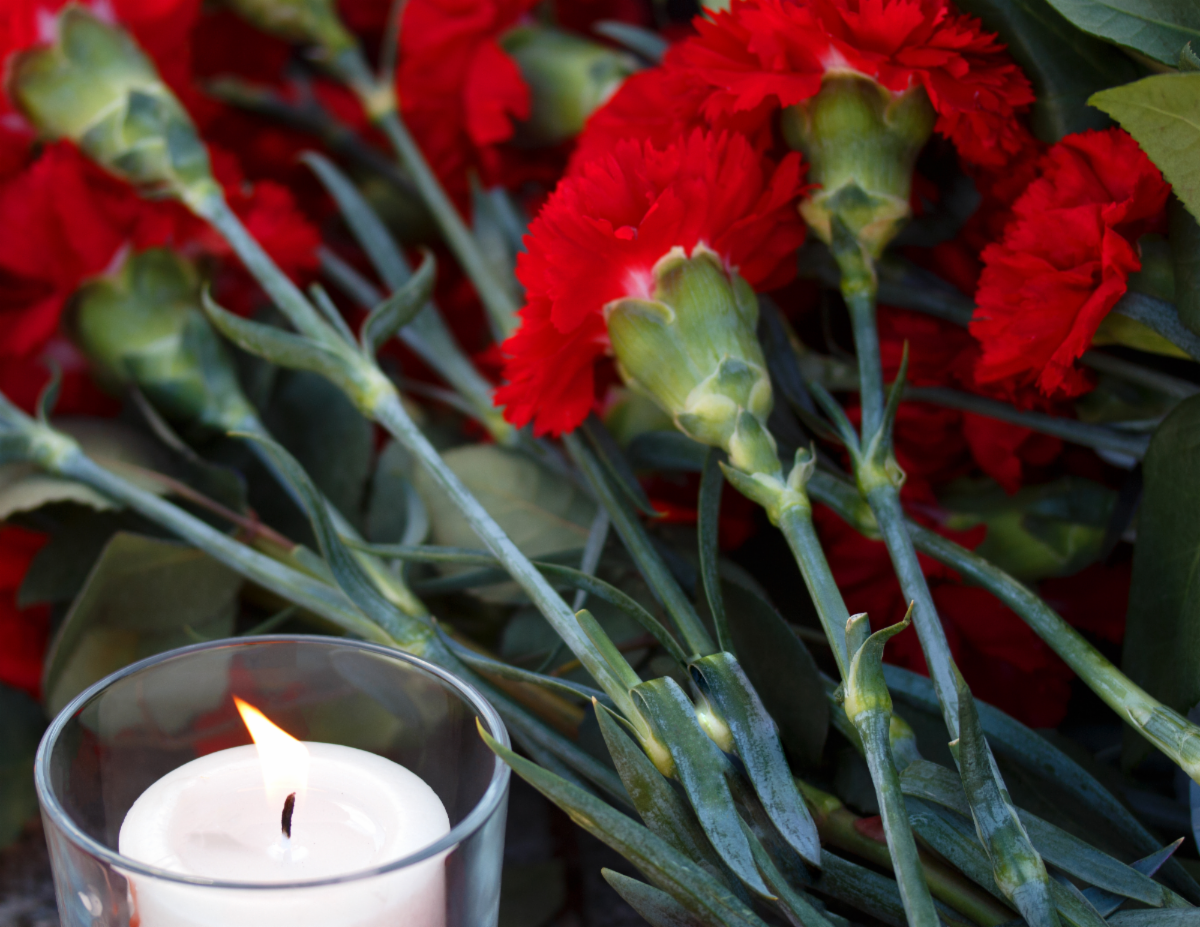 Red carnations and white candle to remember traffic fatality victims
