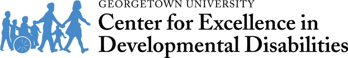 The logo for the GUCEDD. A blue silhouette of a group of adults and children walking forward and rolling forward in wheelchairs. The black text reads "Georgetown University Center for Excellence in Developmental Disabilities" in a large font. In a smaller 