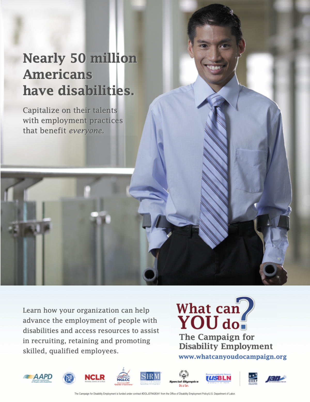 Mat McCollough featured on a disability employment poster. The poster is sponsored by AAPD, NBDC, NIDLR, NGLCC, SHRM, Special Olympics, USBLN, ODEP, and JAN. The poster asks What can you do?