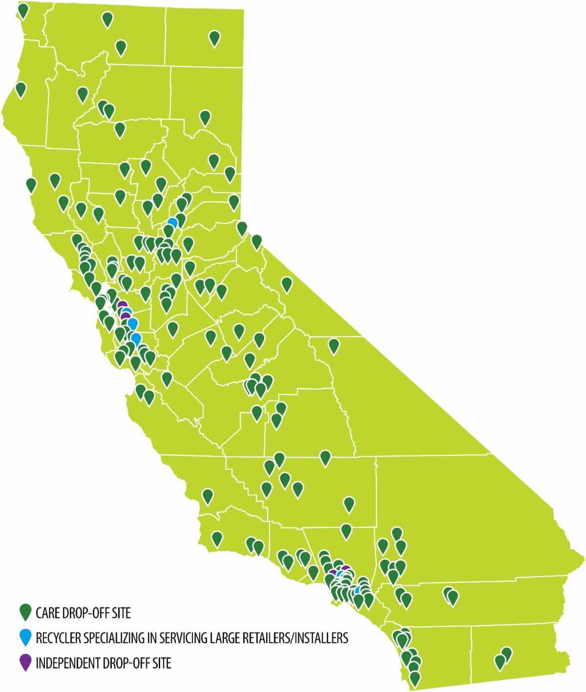map of CA with drop-off sites marked as pins
