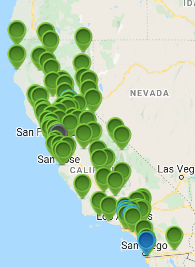 map of CA with 83 green pins