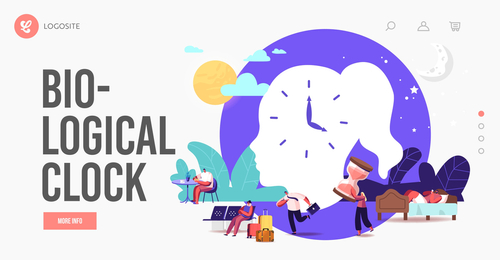 Biological Clock_ Jet Lag Landing Page Template. Characters Follow their Body Rhythm_ Insomnia_ Traveler in Airport_ Man Late at Work. Healthy Sleeping_ Night Dream. Cartoon People Vector Illustration