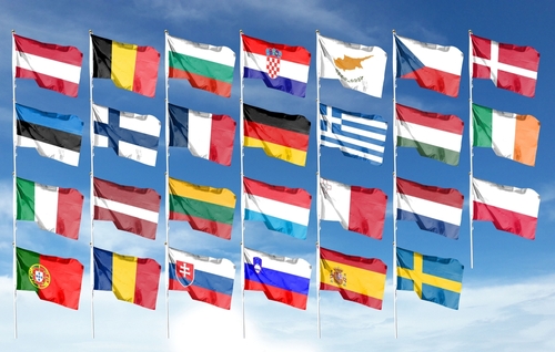 Flags of the 27 member states of the European Union against a cloudy sky. Waving in the sky - 3D Illustration - 3D Rendering