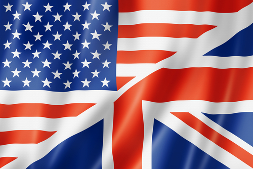 USA and UK flag_ three dimensional render_ satin texture. speaking english symbol