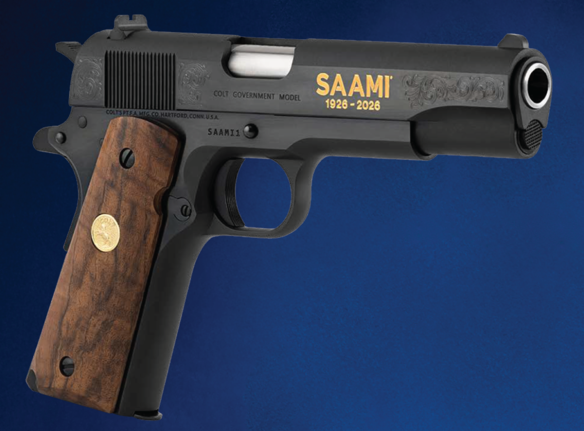A one-of-a-kind Colt Government Model 1911 featuring serial number SAAMI1, custom engraved with "SAAMI 1926–2026" inlaid with gold to commemorate the organization's centennial milestone.