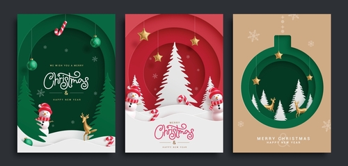 Christmas greeting card vector poster set. Christmas tree_ snowman_ deer and hanging xmas elements in paper cut template backdrop collection. Vector illustration seasonal poster design.  