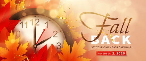 Fall Back. Daylight saving time ends banner with realistic wall clock and bright autumn foliage decoration on orange background. Set your clocks back one hour on November 2_ 2025. Vector illustration