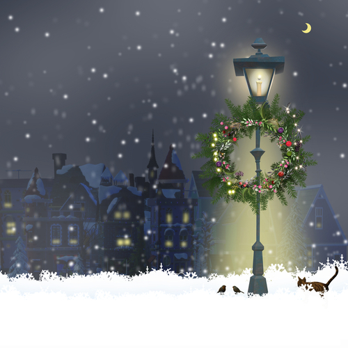 Christmas magic night with old cityscape_ snow_ street lights_ floral wreath in 3D illustration_ design for Christmas New Year card.