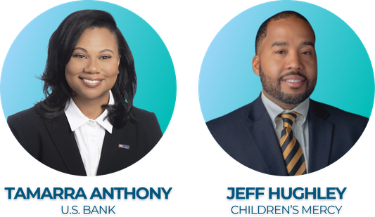Circular portraits of Tamarra Anthony, a smiling Black woman with straight, shoulder-length dark brown hair and Jeff Hughley, a smiling Black man with a short beard, wearing a suit and a gold and black striped tie. Below the images, their names are displayed in bold blue green text, followed by "U.S. Bank" under Tamarra's photo and "Children's Mercy" under Jeff's.