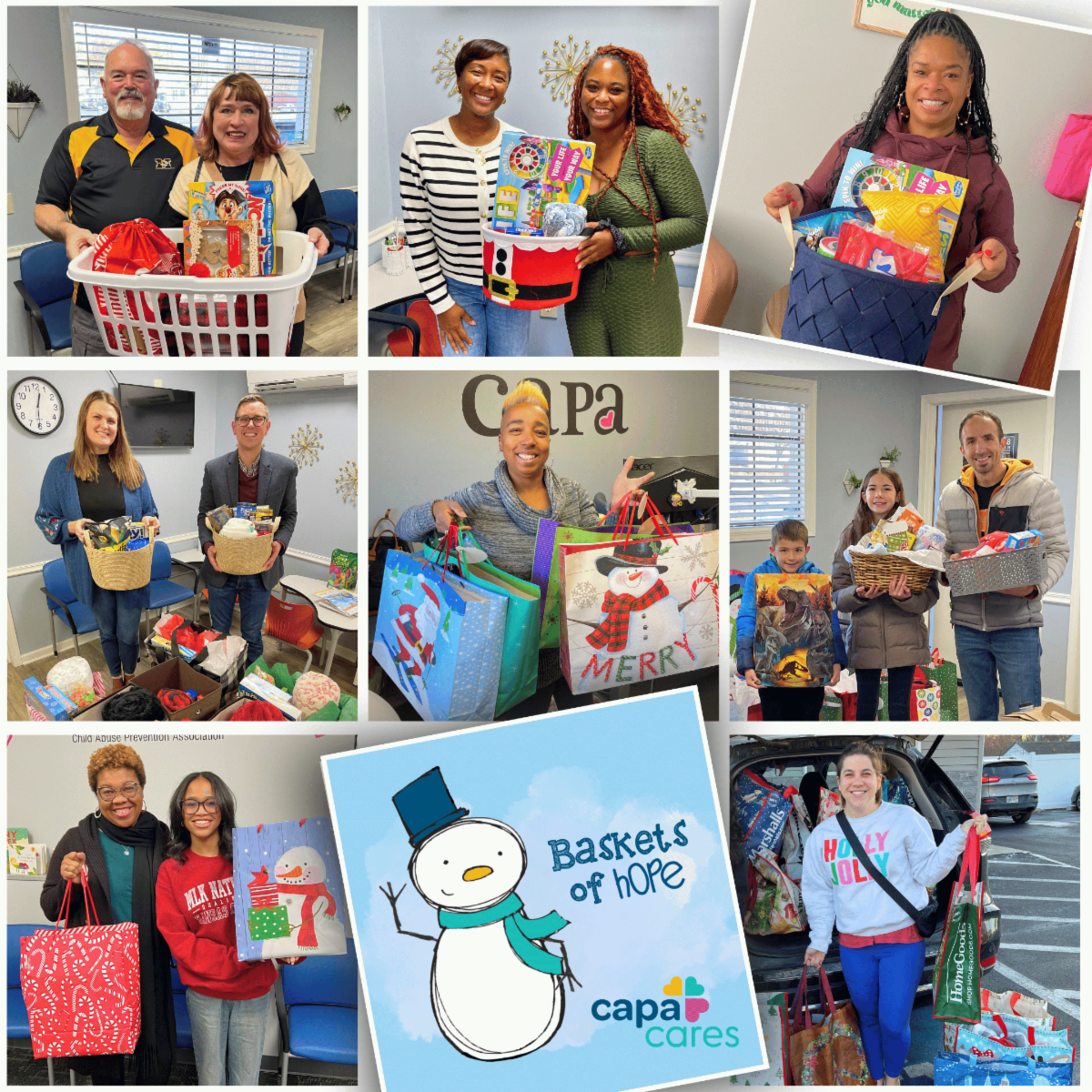 Collage of photos of past Baskets of Hope donors holding their baskets with the Baskets of Hope snowman and CAPACares logos at the bottom.