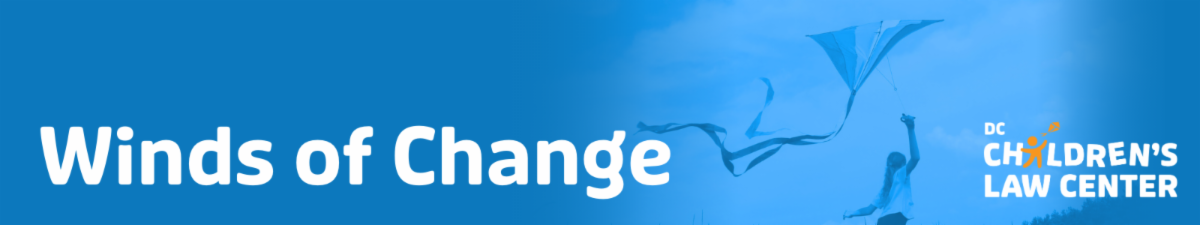 Email heading that reads "Winds of Change" with a child flying a kite and the Children's Law Center logo
