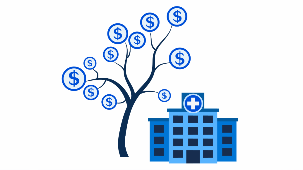 illustration in shades of blue of money tree and clinic