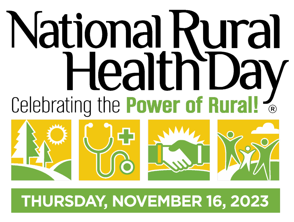 National rural health day logo with 4 yellow and green logos "celebrating the power of rural" and "thursday, november 16, 2023"