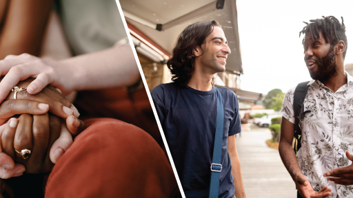 split image of close up of two people with their hands clasped together on a lap and two men talking outside