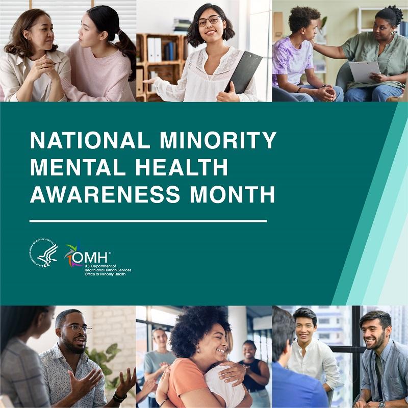 national minority mental health month with green background and six photo tiles of diverse people