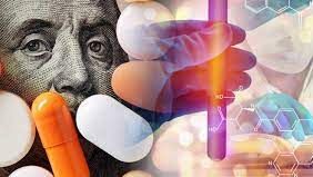 collage of money, pills, and hand holding a test tube