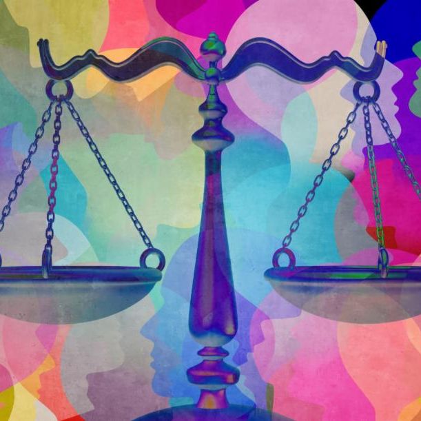scales of justice equal with colorful outlines of faces