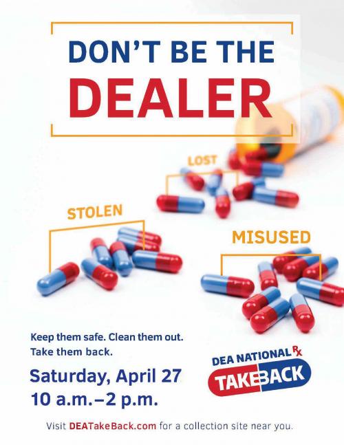 Infographic of National Prescription Take Back Day April 27 , link to drop off sites