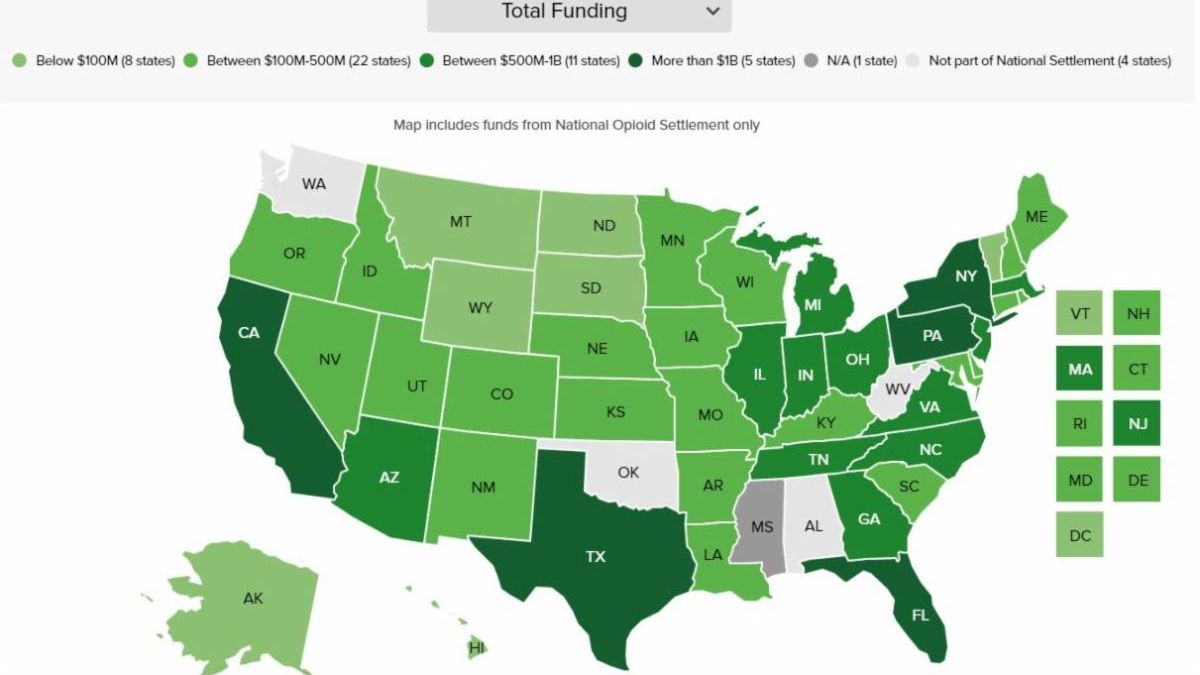 image of united states with green shading based on opioid settlement funds by state