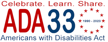 "celebrate. learn. share" with ADA logo and "33 years" in red and navy blue with white background
