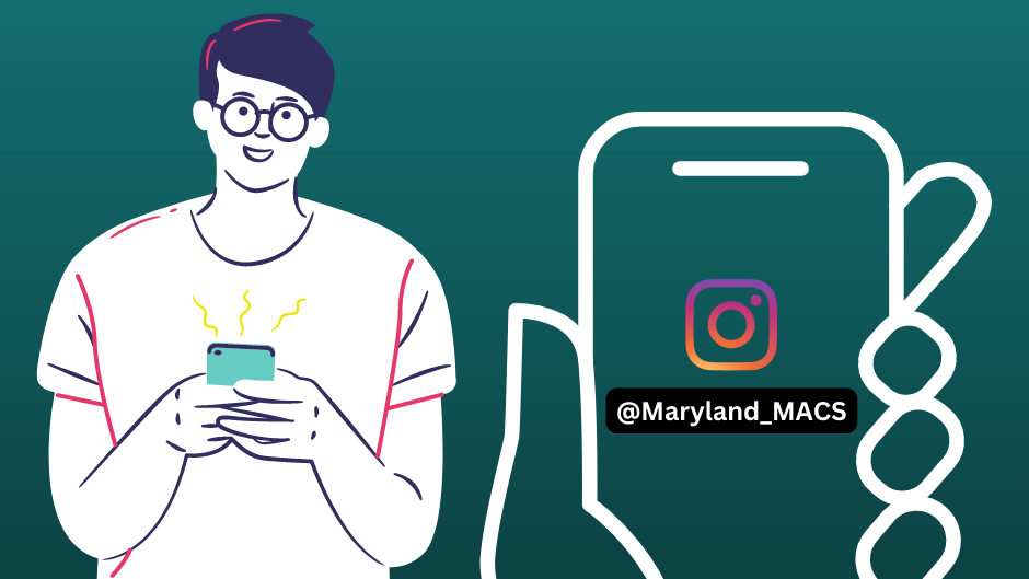person on phone next to close up of phone with MACS instagram handle on screen