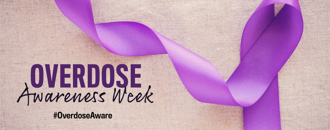 tan background with purple ribbon and overdose awareness day