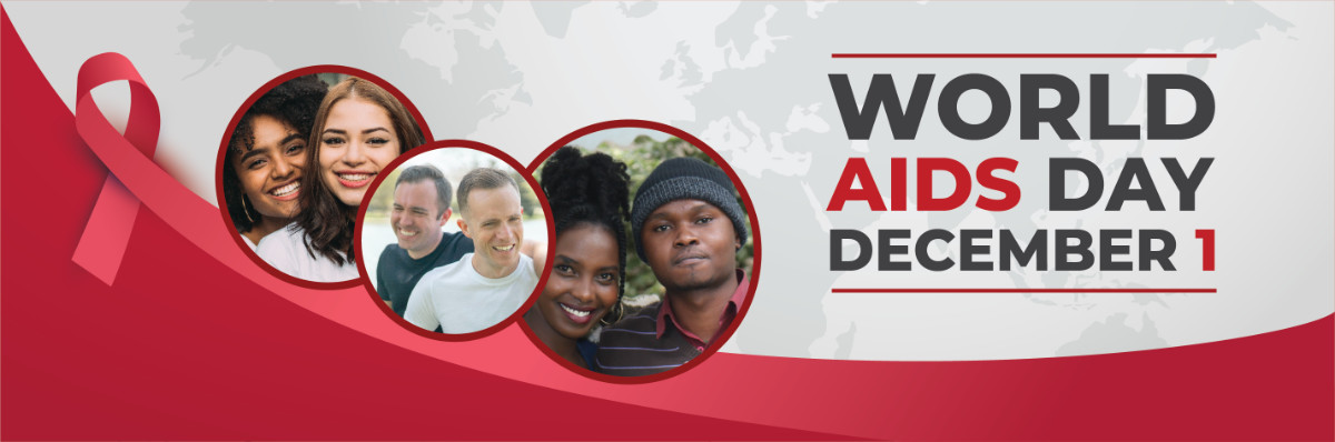 graphic for world aids day with three images of people and red ribbon