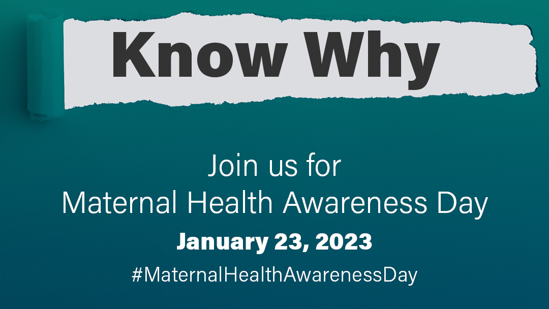 maternal health awareness day theme: know why typed on strip of paper across blue green gradient with acog logo