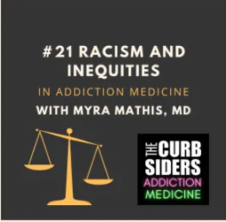 black box with gold scales of justice slanted leaning right and curbsiders addiction medicine logo to bottom right
